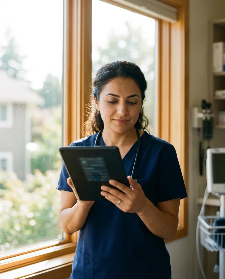 Ärztin arbeitet in einer hellen Praxis an einem Tablet
