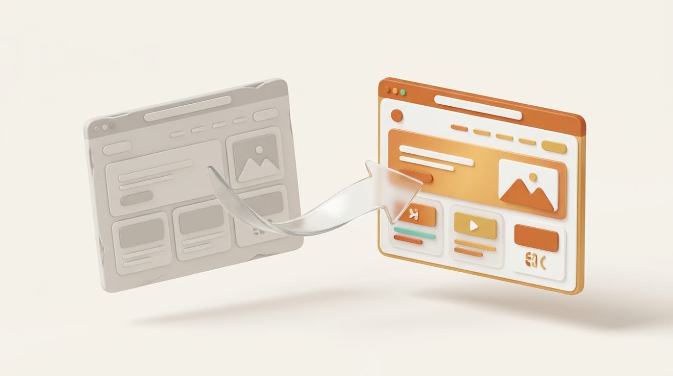 3D-Illustration: Website-Relaunch — alte graue Website wird zur modernen Website mit warmen Akzenten